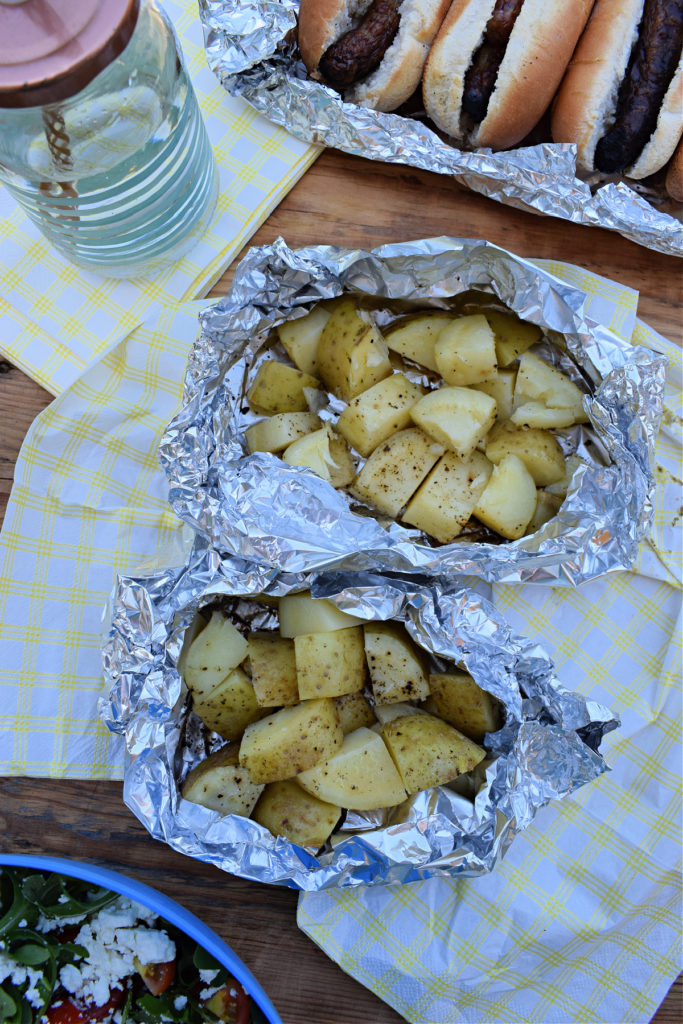 over head view of teh foil packet potatoes