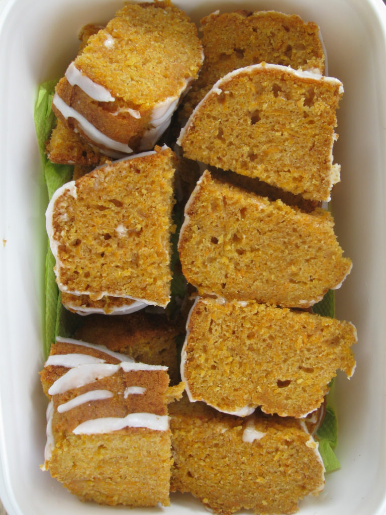 Carrot Cake cut into pieces for camping
