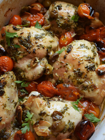 close up of baked green olive chicken