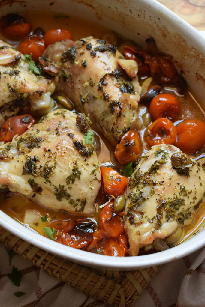 close up of the green olive chicken
