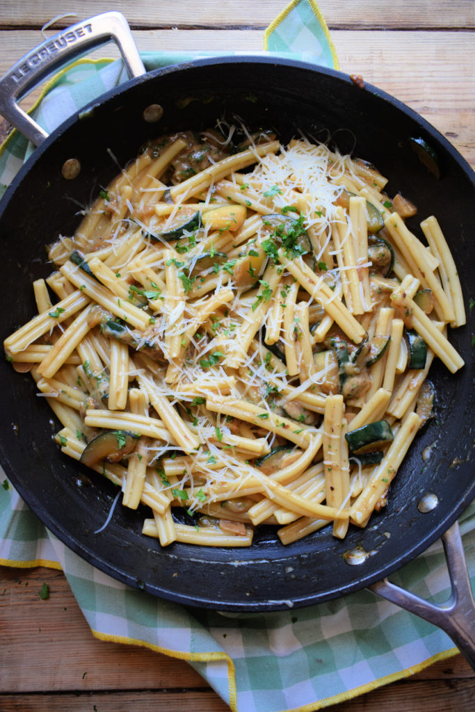 Gruyere cheese and pasta dish in a skillet
