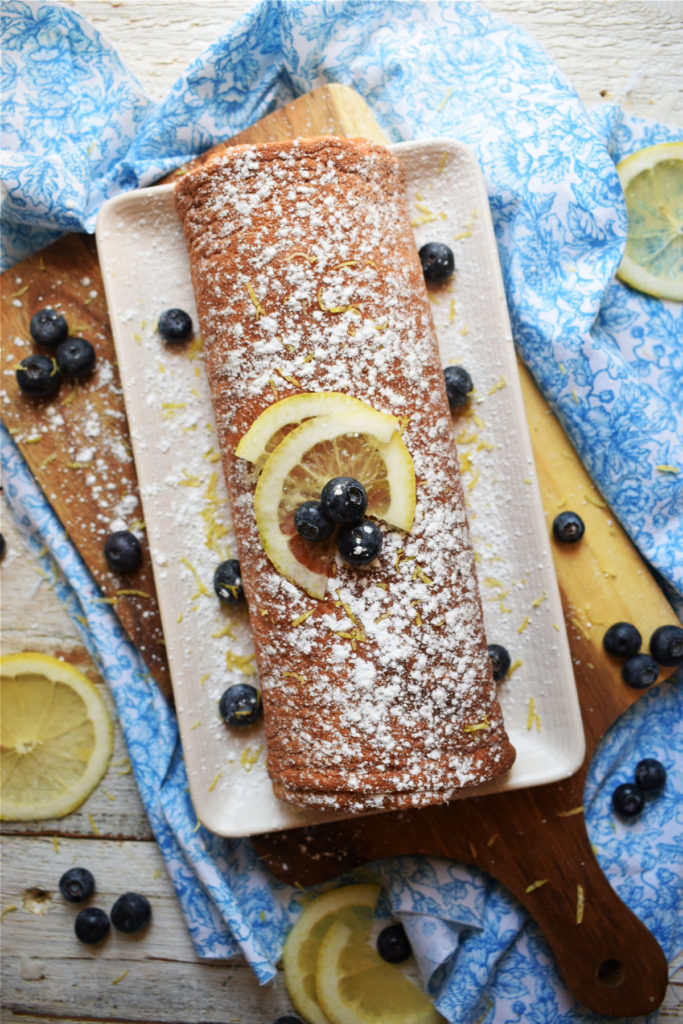 over head view of the lemon blueberry swiss roll cake