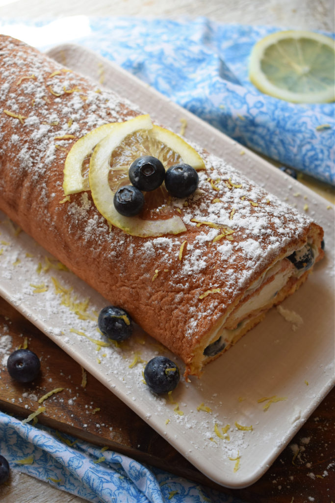 close up of the Lemon Blueberry Swiss Roll Cake