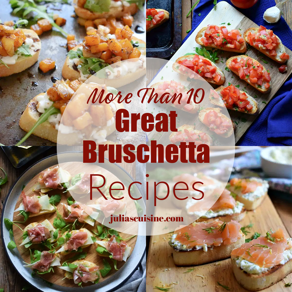 a photo collage of 10 bruschetta recipes
