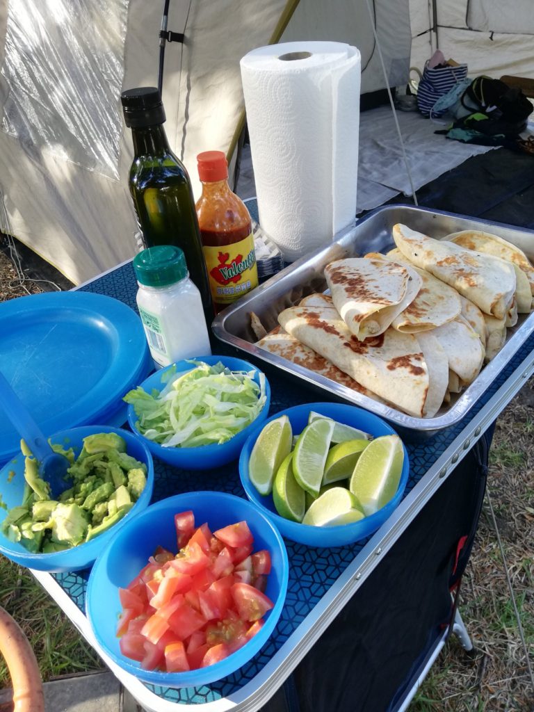 Quesadillas set up for camping 