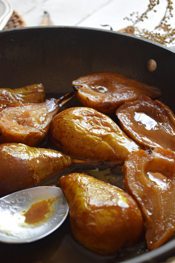 close up of caramelized pears in a skillet
