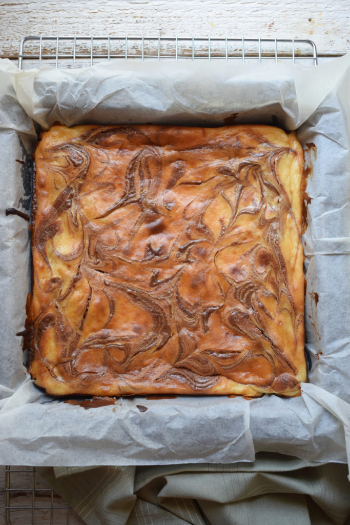 Cream Cheese Brownies in a baking pan fresh out of the oven