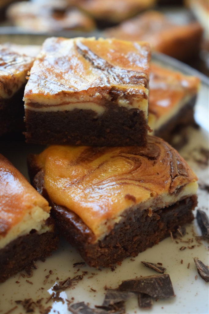 A stack of cream cheese brownies