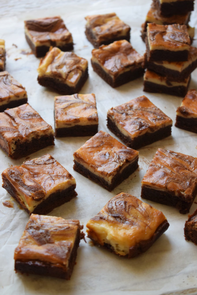 Cream Cheese Brownies cut into little squares