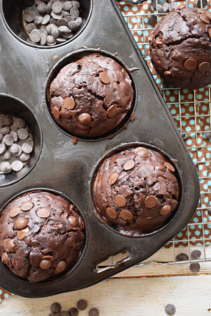 Double Chocolate Zucchini Muffins in a baking tray