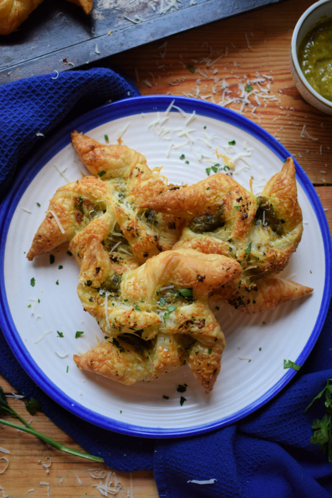 Pesto Pastries on a white and blue plate