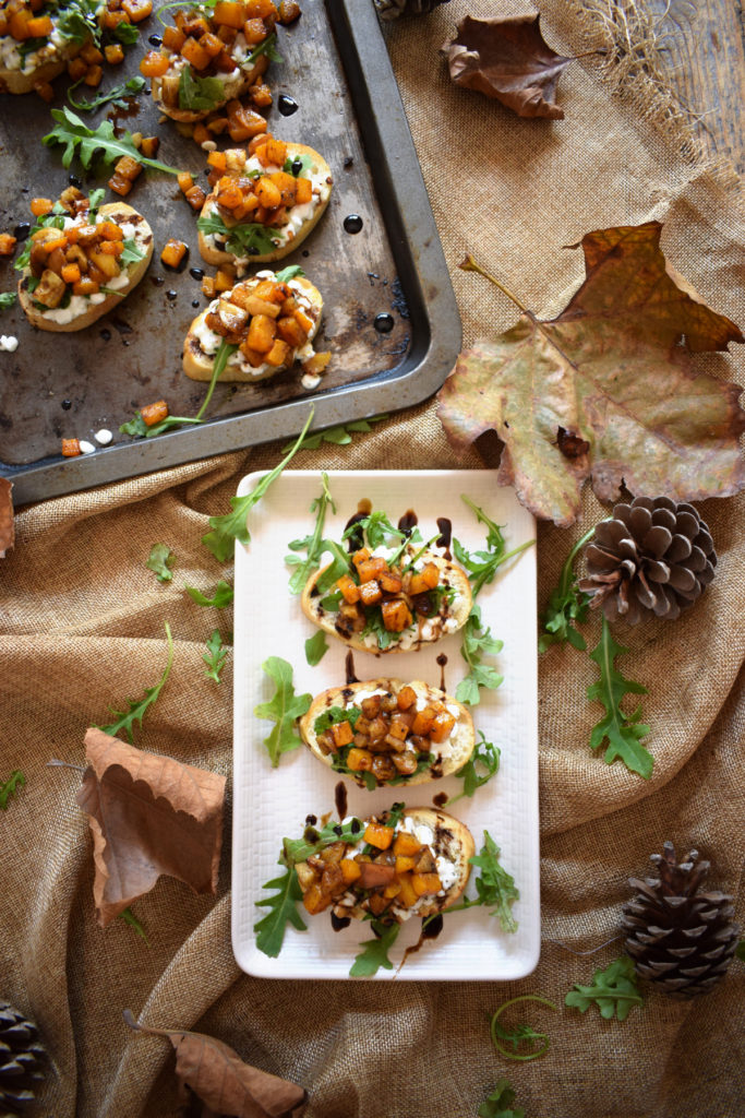 over head table setting view of the butternut squash bruschetta