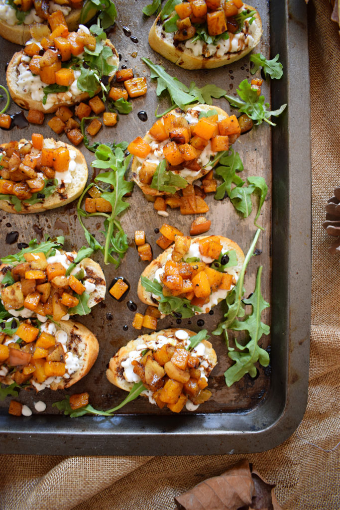 Roasted Butternut Squash and Apple Bruschetta on a tray