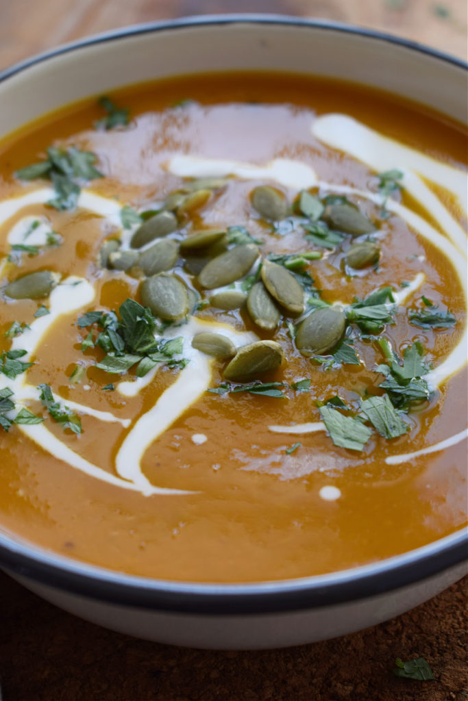 close up of the spiced roasted butternut squash soup