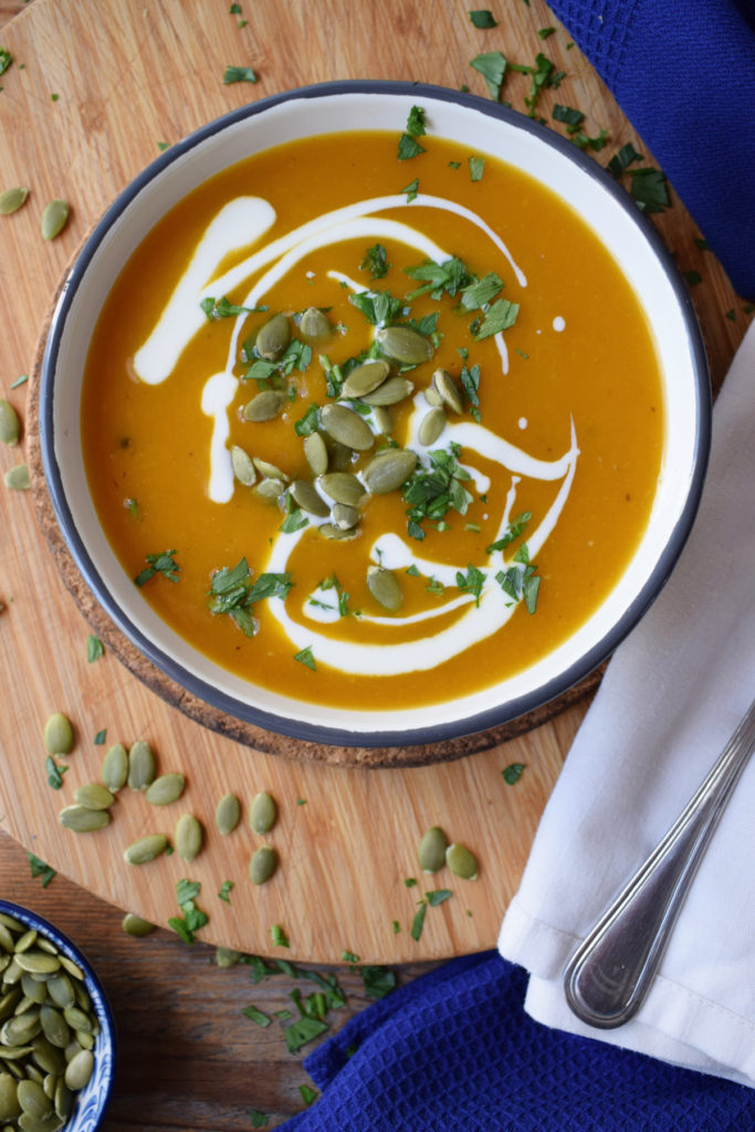 over head view of squash soup