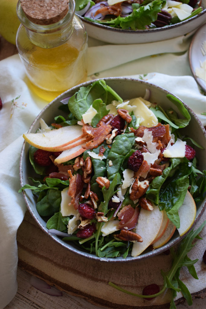 close up of the pear and pecan salad