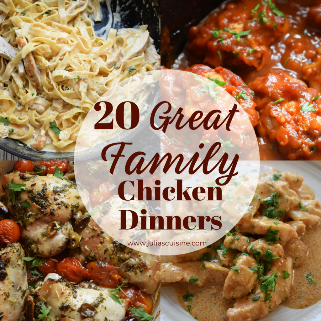 collage of 20 great family chicken dinner recipes