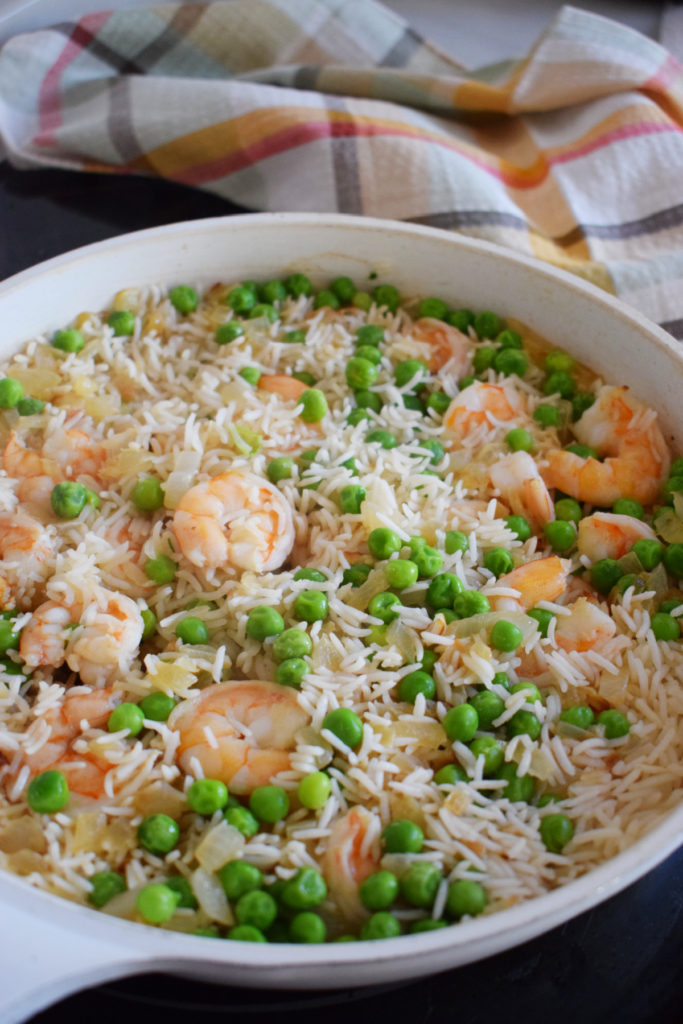 easy teriyaki shrimp and rice in a white saucepan