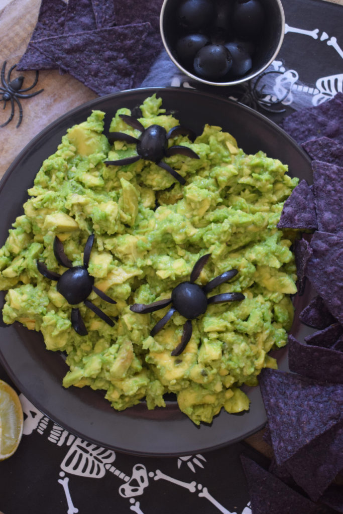 guacamole with black olive spiders