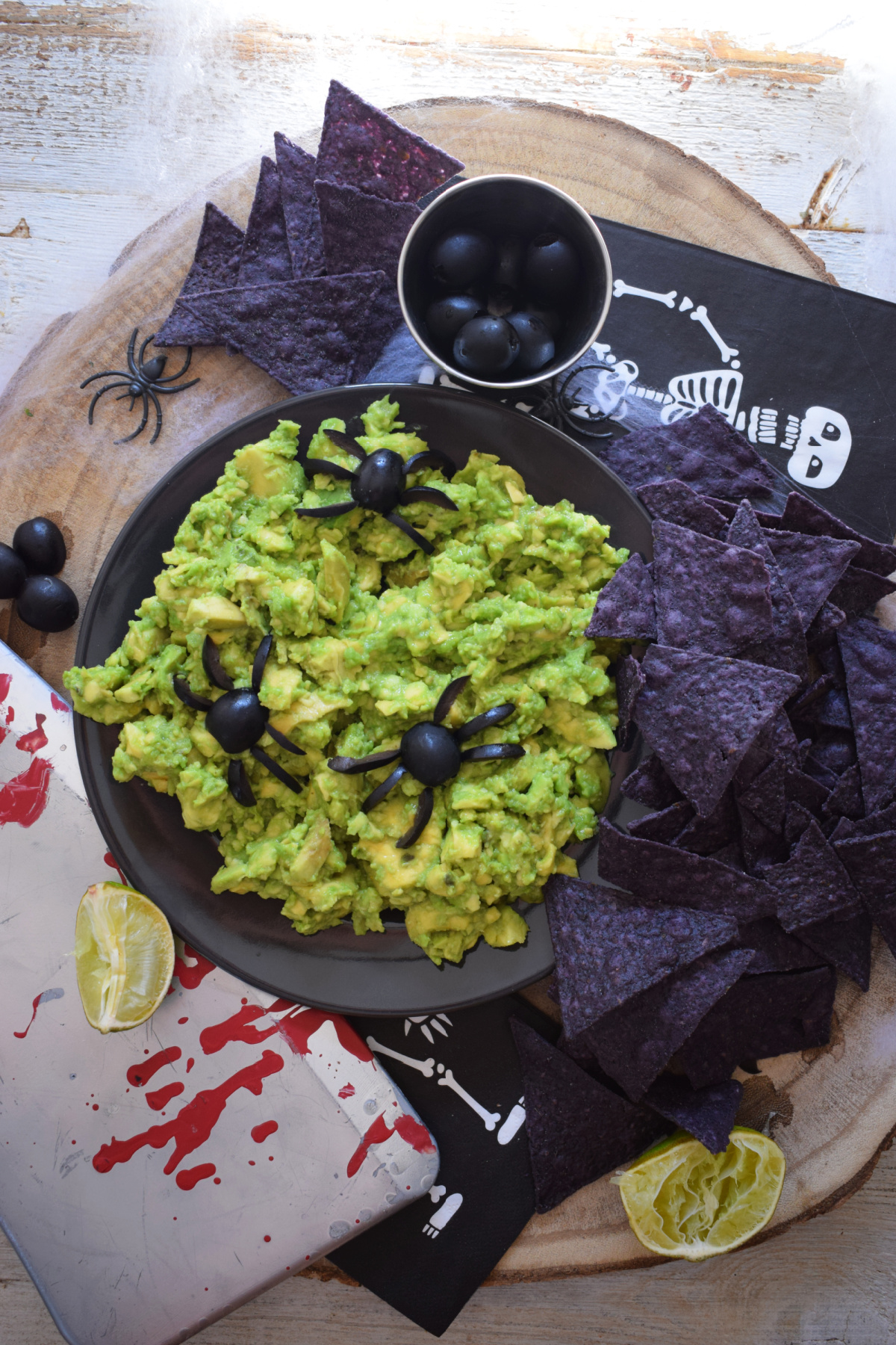 halloween guacamole with black olive spiders