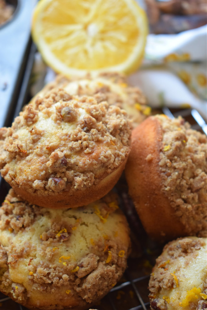 close up of the orange pecan stursel muffins