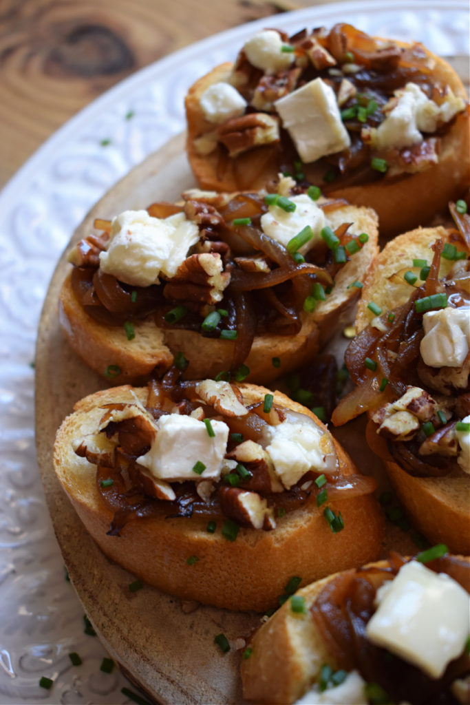 close up of the pecan and goat cheese bruschetta