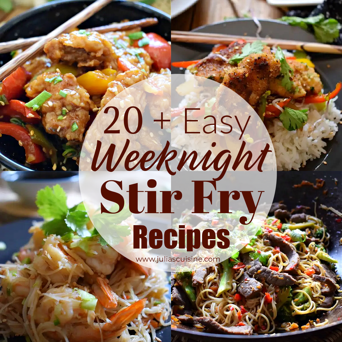 collage of 20 easy weeknight stir fry recipes