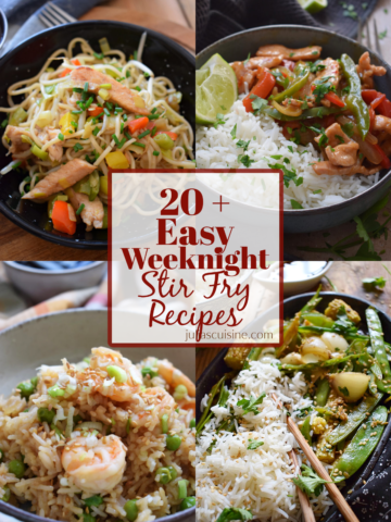 Photo collage of 20 stir fry recipes.