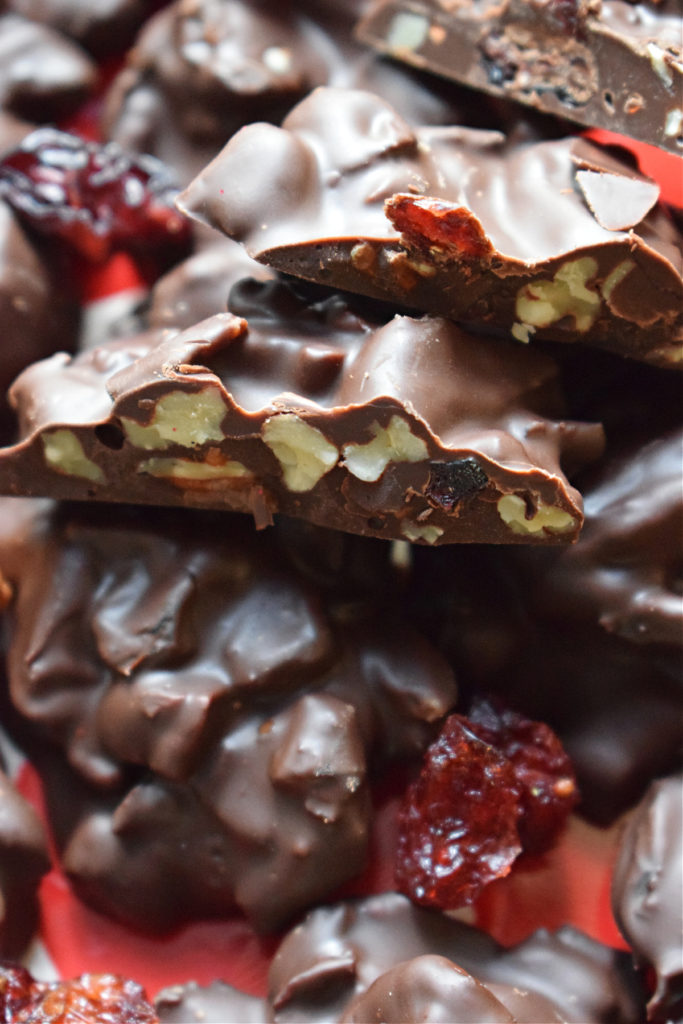 close up of the chocolate pecan cranberry clusters