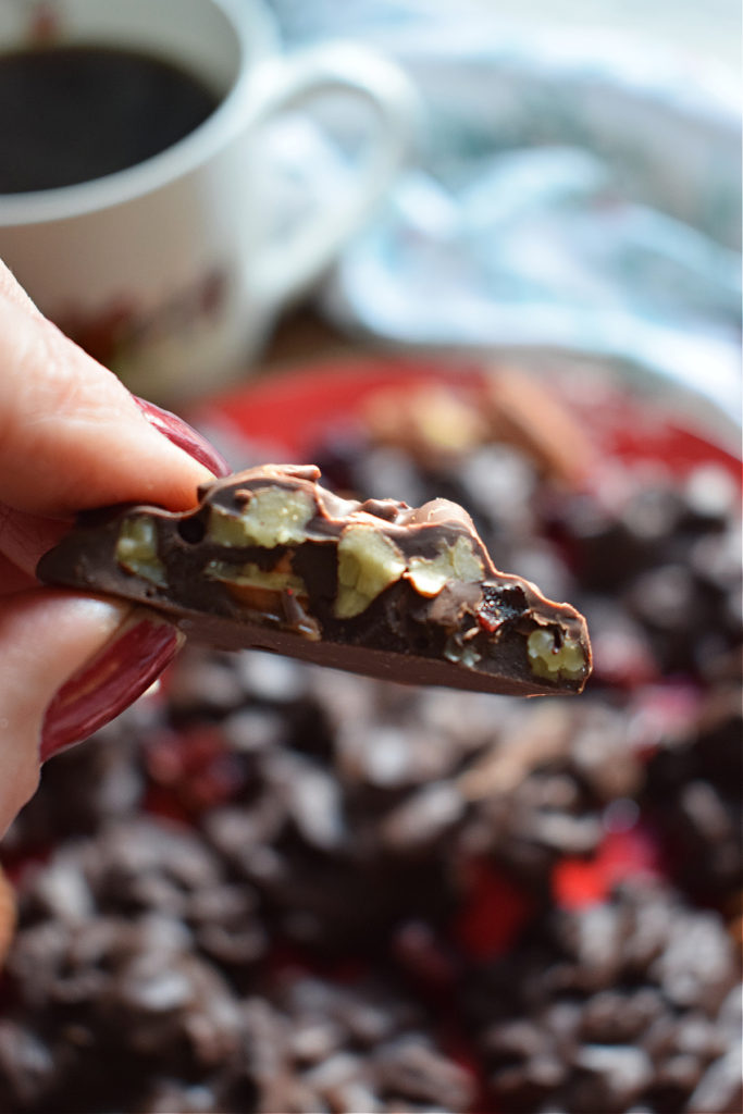 close up of a chocolate pecan cranberry cluster