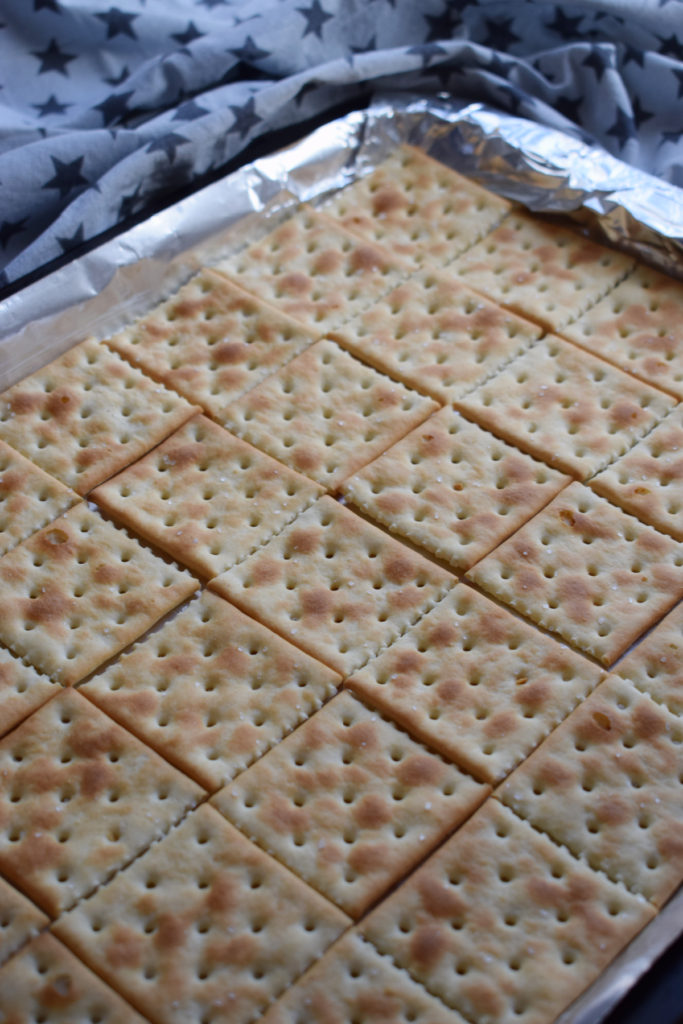 Crackers in a baking tray.