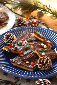 saltine toffee candy on a blue plate