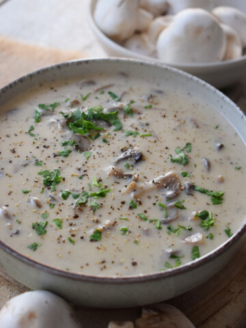 creamy mushroom sauce in a bowl with parsley and mushrooms