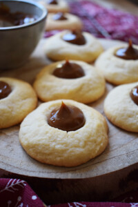 close up of the dulce de leche thumbprint cookies