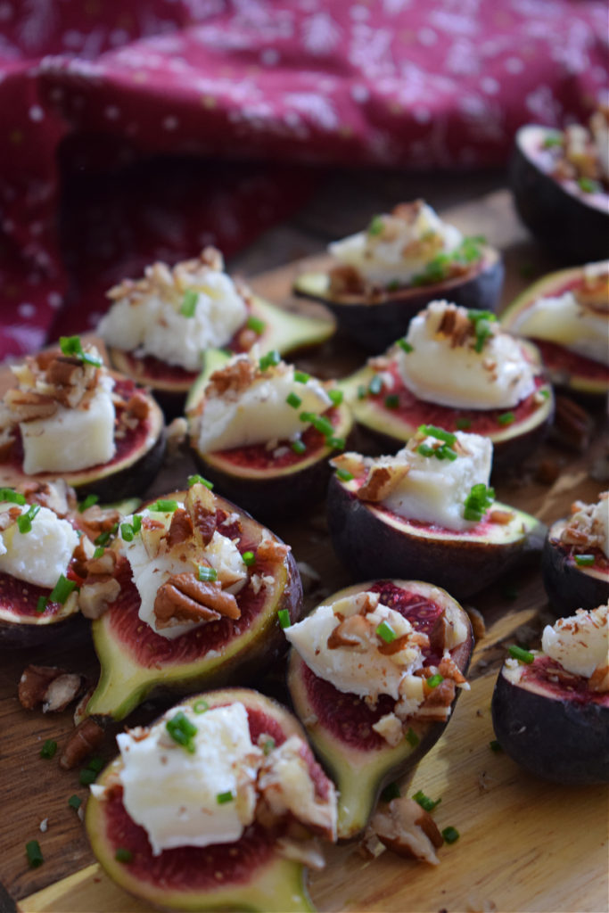 close  up photo of the figs with goat cheese and pecans appetizer