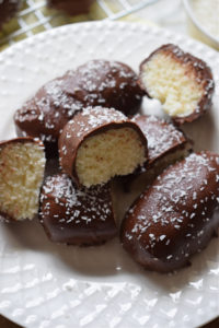 close up of the no bake chocoalte coconut bars