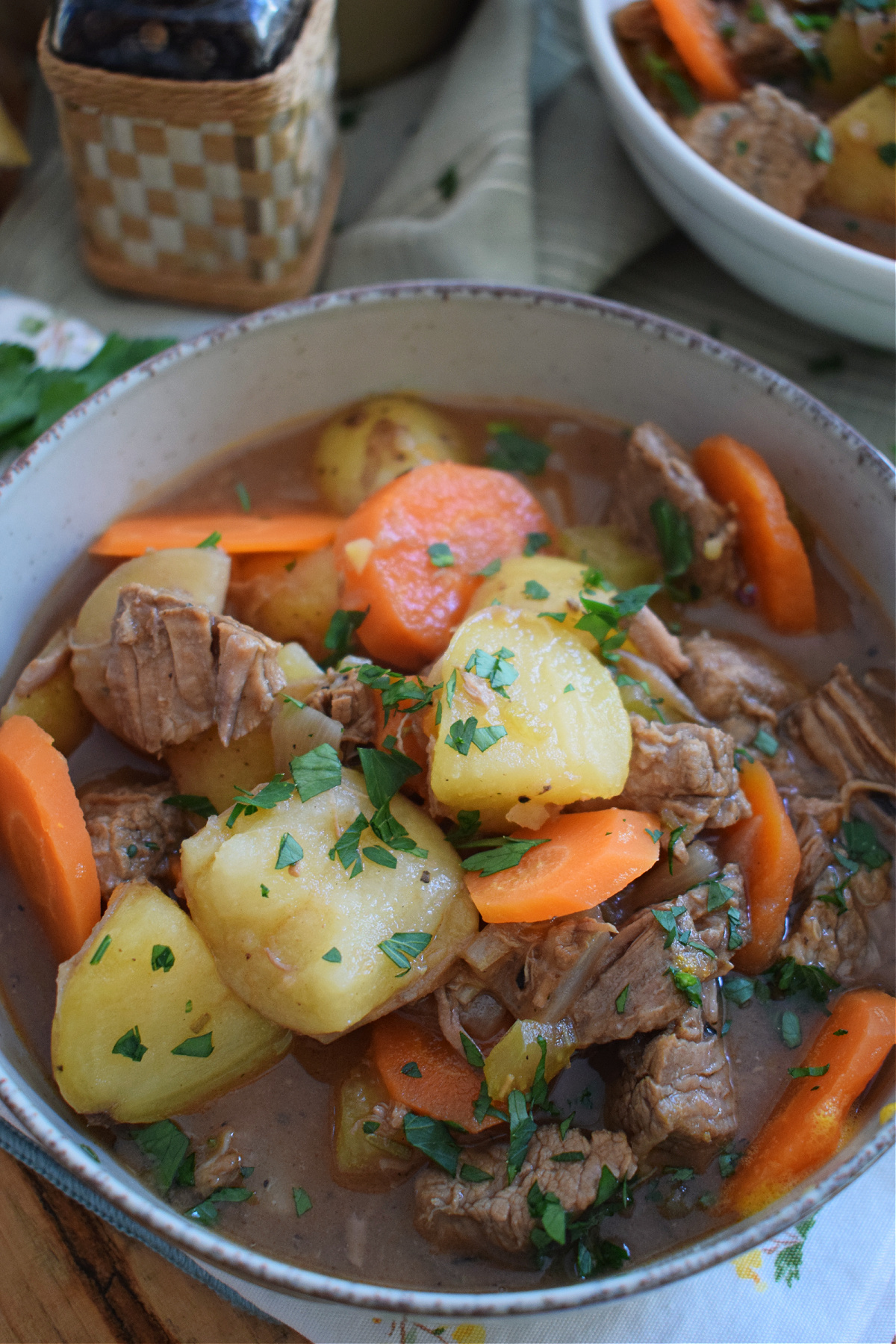 slow cooked beef stew in a bowl