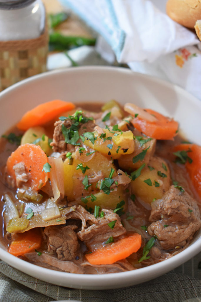 close up of the slow cooker beef and vegetable stew