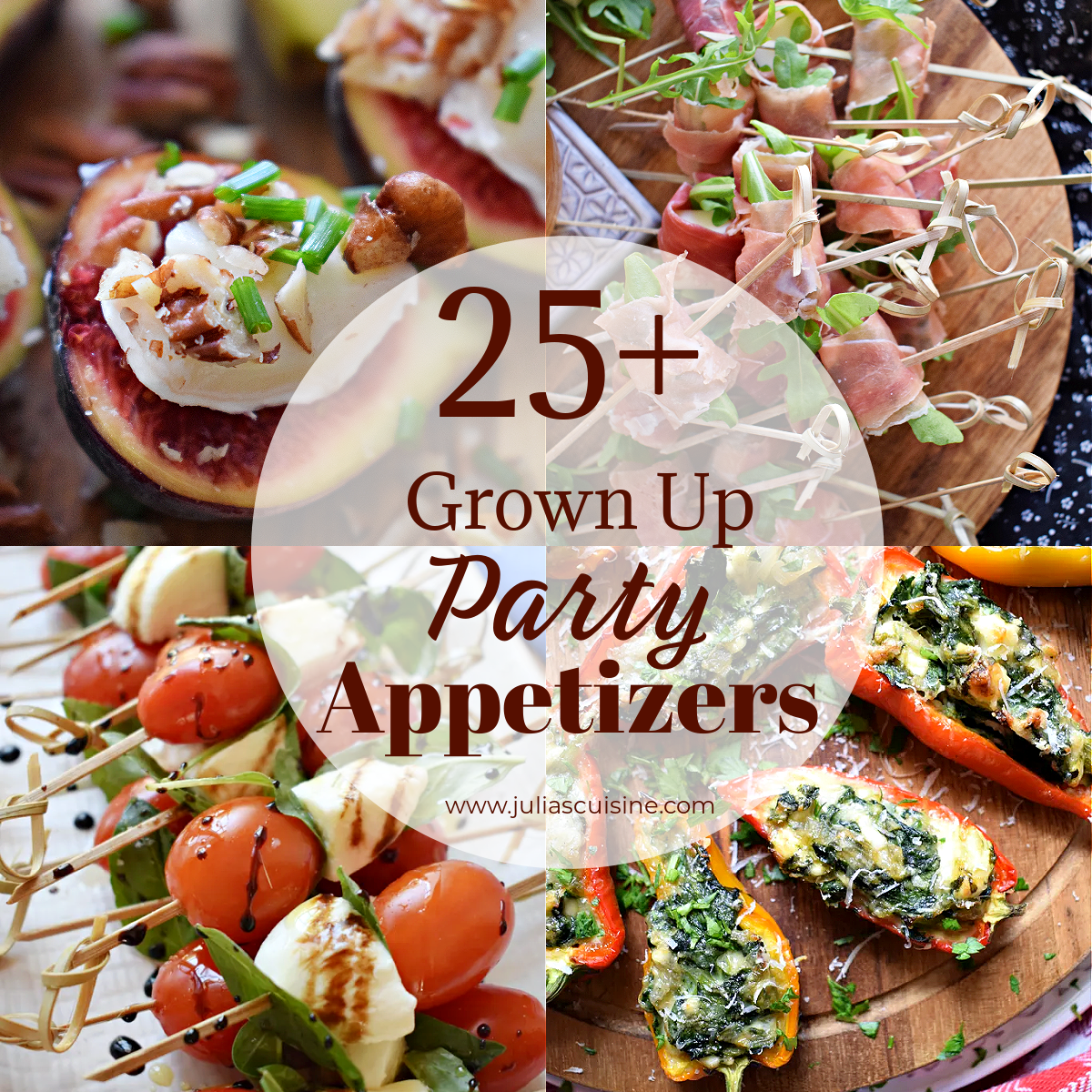 collage of 25 grown up party appetizers collage