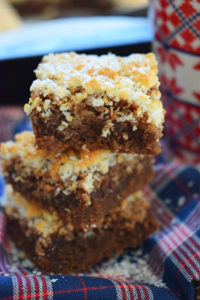 a stack of chocolate macaroon brownies