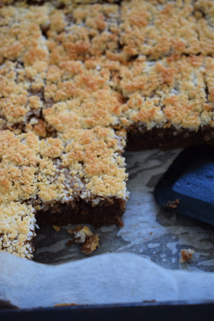 close up of the chocolate macaroon brownies