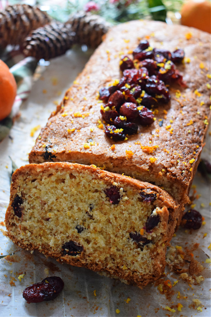 close up of the dried cranberry loaf cake