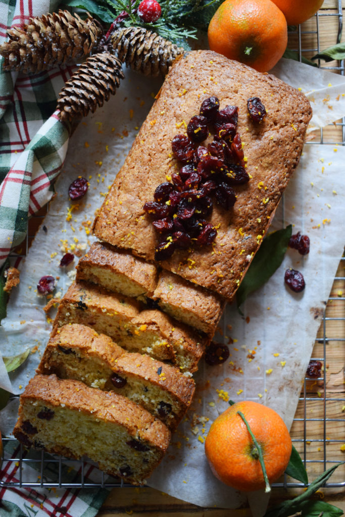 Dried Cranberry Loaf Cake with christmas decorations
