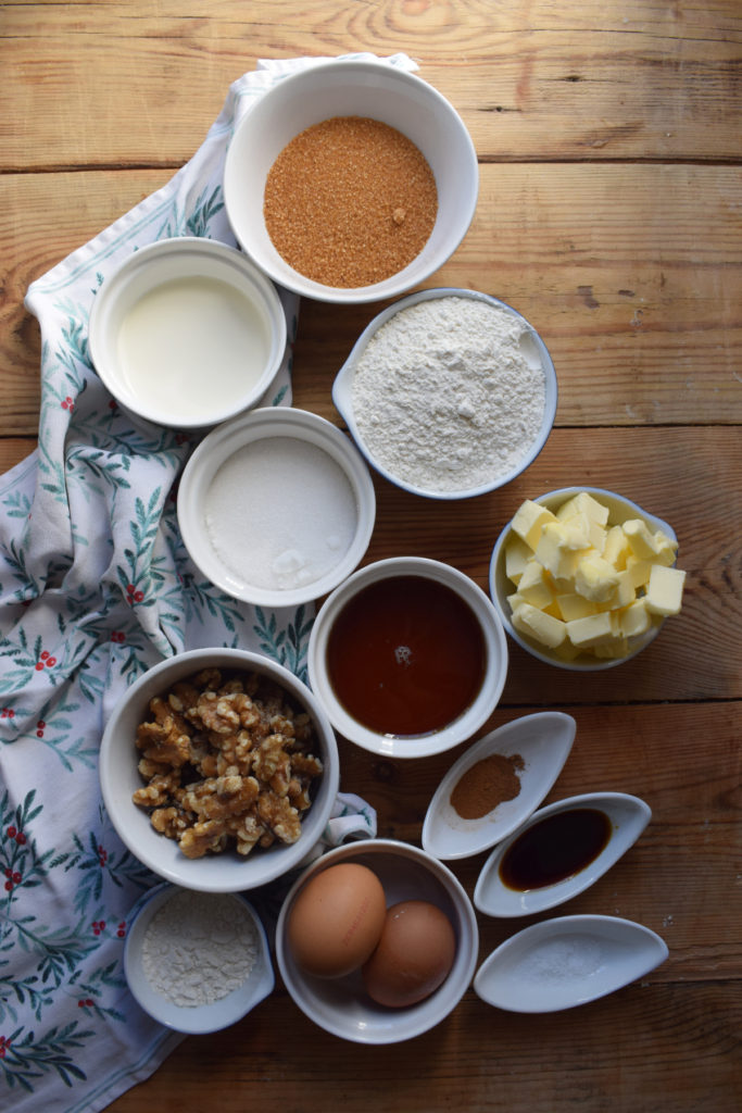 Ingredients to make the bar cookies with walnuts