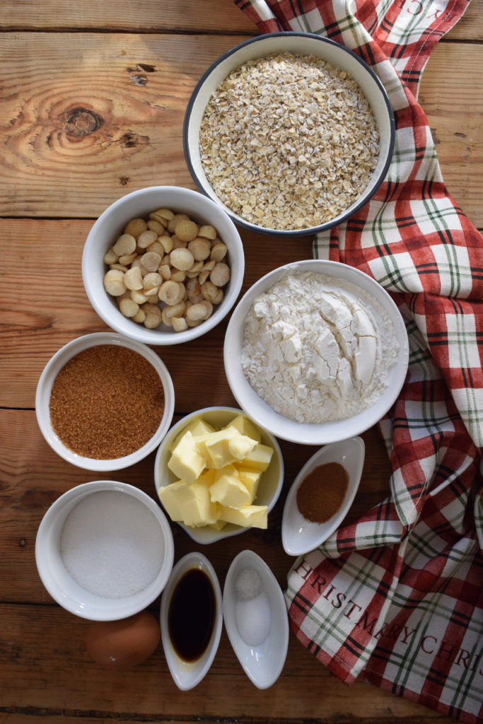 Ingredients to make the oatmeal macadamia nut cookies