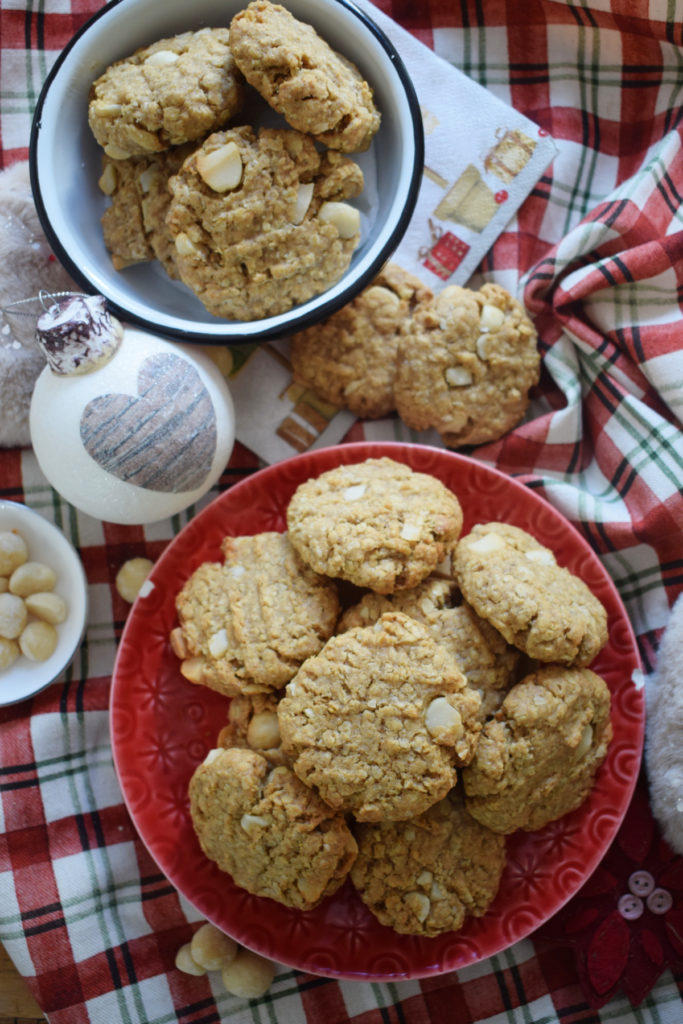 table setting view of the oatmeal macadamia nut cookies