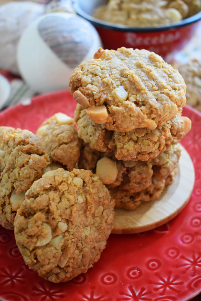 a stack of oatmeal macadamia nut cookies
