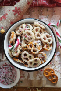 chocolate pretzels in a bowl