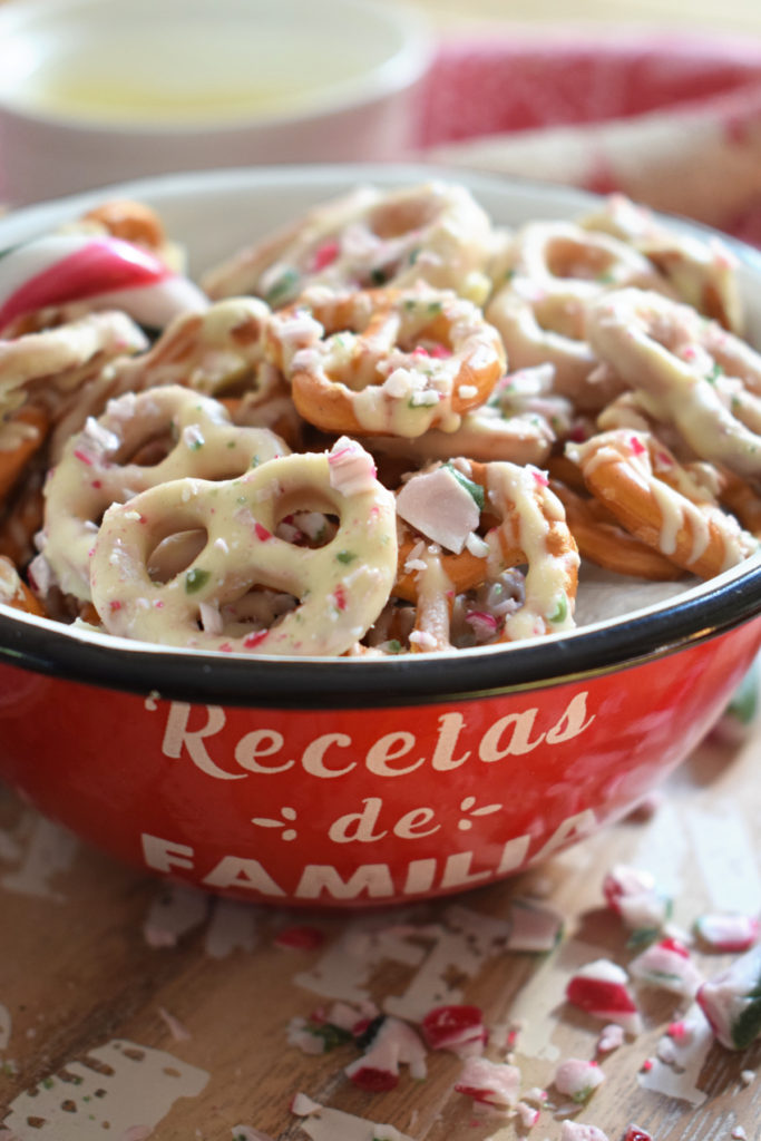 white chocolate pretzels in a christmas bowl