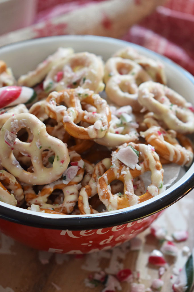 close up of the white chocolate peppermint pretzels